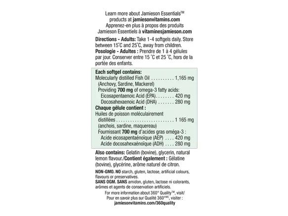 Jamieson Omega-3 Extra Strength 700mg No Fishy Aftertaste 100 Softgels - 064642079206