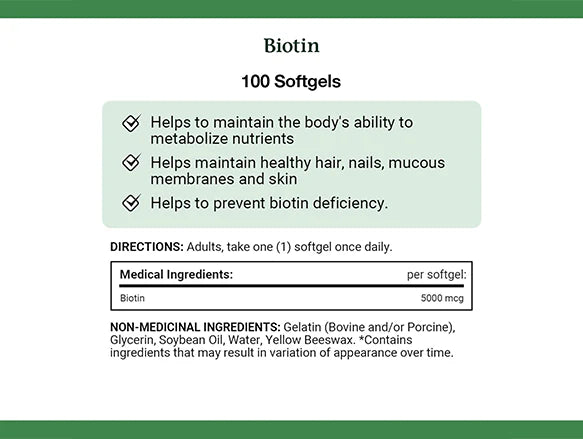 Natures Bounty Biotin 5000mcg 100 softgels - CANADA - 029537296342