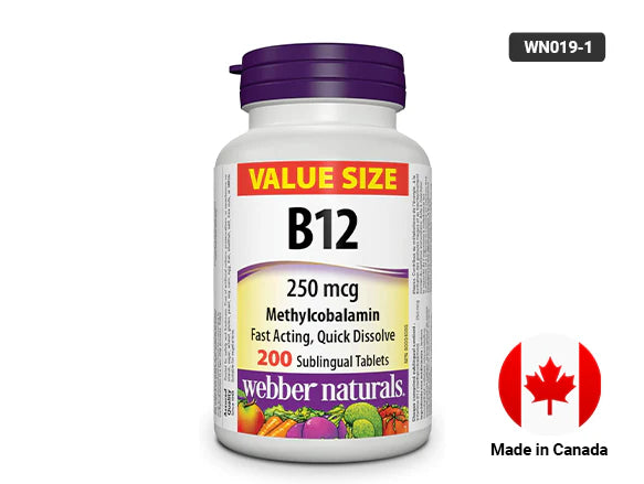 Webber Naturals Vitamin B12 250 mcg Methylcobalamin 200 Sublingual Tablets - 625273030761