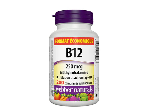 Webber Naturals Vitamin B12 250 mcg Methylcobalamin 200 Sublingual Tablets - 625273030761