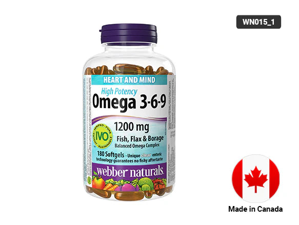 Webber Naturals Omega 3-6-9 1200 mg Fish Flax & Borage 180 Softgels - CANADA - 625273034776